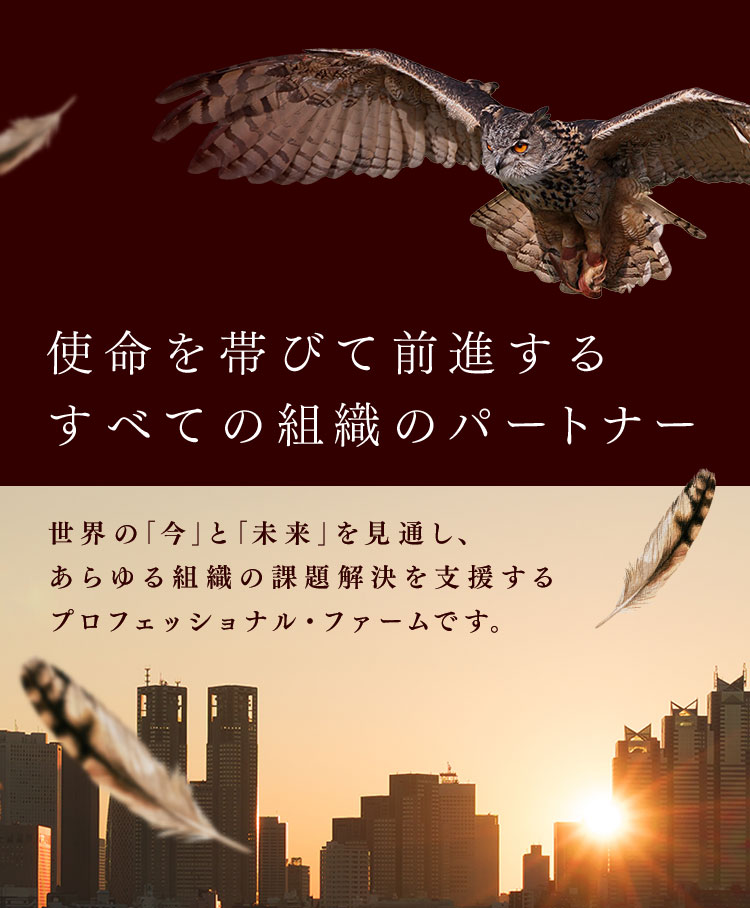 使命を帯びて前進するすべての組織のパートナー 世界の「今」と「未来」を見通し、あらゆる組織の課題解決を支援するプロフェッショナル・ファームです。